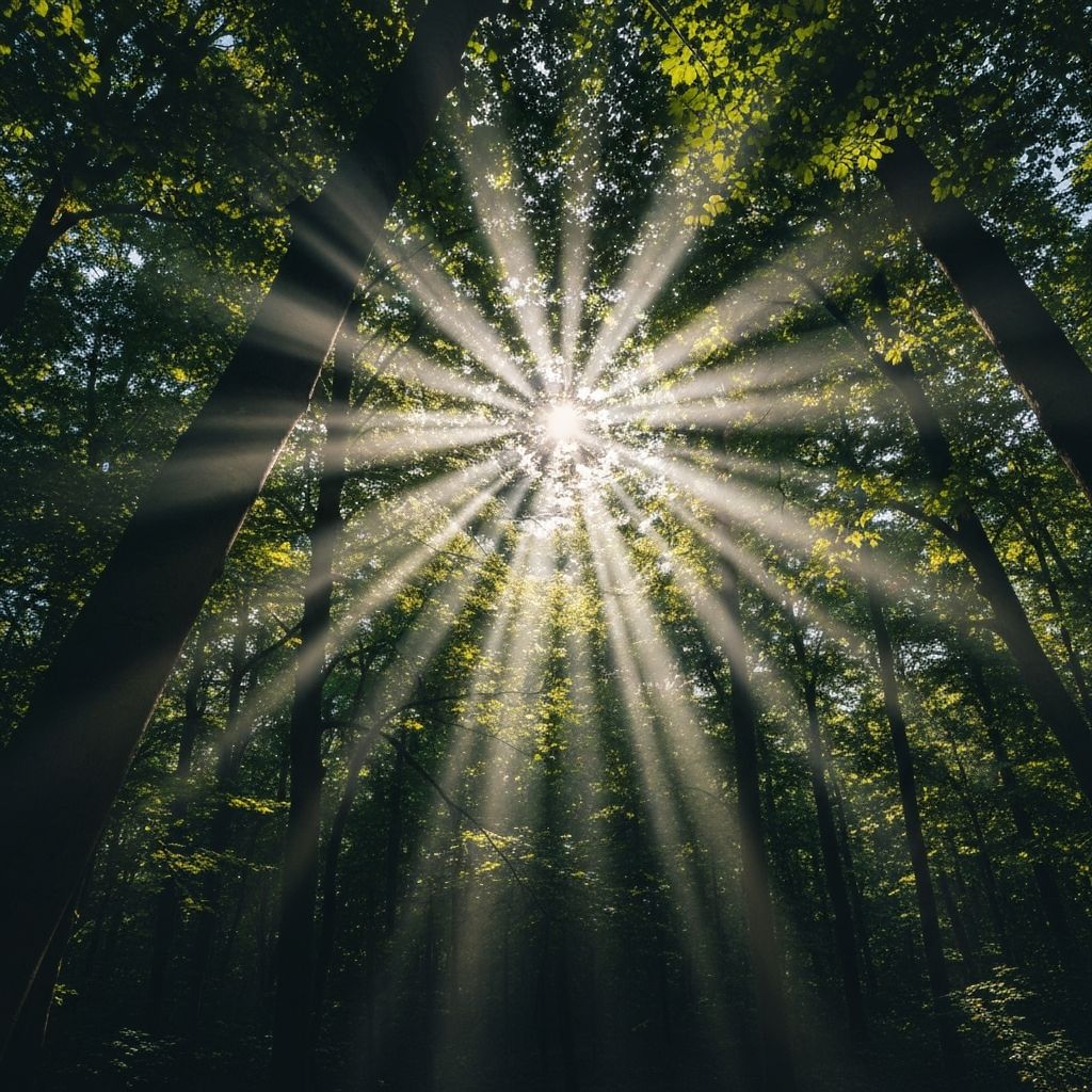 Natural sunlight through forest leaves representing knowledge and wellness